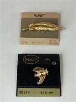 TWO GOLD TONE MONET PINS BEE AND FEATHER