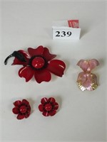 RED ENAMEL FLOWER PIN AND EARRING SET PINK ORCHID