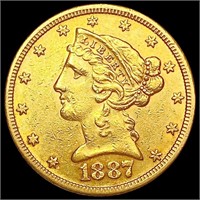1887-S $5 Gold Half Eagle CHOICE AU