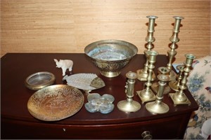 Brass lot - candleholders, bowl, fish trivet,