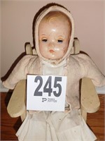 EARLY DOLL WITH VINTAGE CLOTHES & CHAIR (DAMAGED)