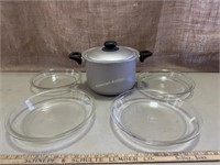 Pyrex Glass Pie Pans & Handled Pot with Strainer