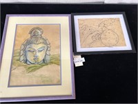 2pc Unsigned Art: Buddha Scene, Hand Sketch