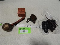 Brass bell, antique padlock, box of string and sma