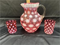 Cranberry and coin spot opalescent pitcher and 2