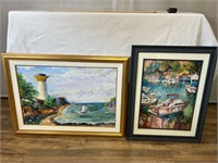 2pc Oil Paintings: Hawaiian Harbor, Lighthouse