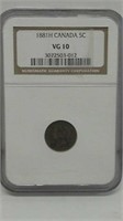 GRADED 1881H Canada 5 Cents VG10