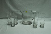 Six solid-bottomed glasses 6.25 " and pitcher 6.5"