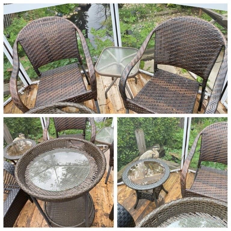 Two Wicker Chairs & Three Tables / One on Wheels