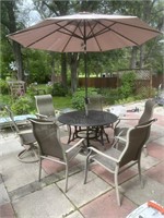 Cast Iron Table, 6 Chairs, Umbrella & Stand