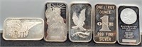 (5) Different 1 Troy Oz. Silver Bars