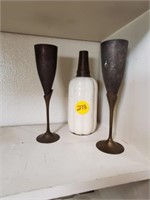 BRASS CHAMPAGNE GLASSES AND POTTERY