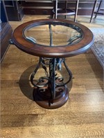 GLASS AND WOOD TOP SIDE TABLE WITH IRON BASE