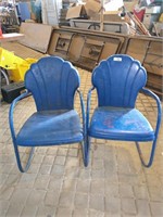 2 Blue metal lawn chairs - tulip back