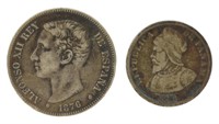 1876 SPAIN 5 PESETAS & 1904 PANAMA 25 CENTESIMOS C