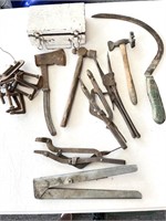 Sickle, Ball Peen Hammer, Clamps, Metal Box, and