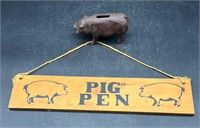 CAST IRON PIG & WOODEN PIG SIGN DECOR