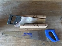 Miter box and two hand saws