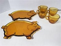 Amber glass vintage pig plates and cups