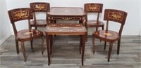 Marquetry game table w/4 chairs & side table