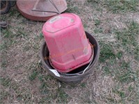 Rubber feed pans, red bucket