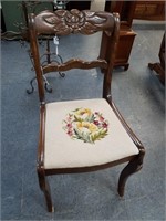 VINTAGE ORNATELY CARVED NEEDLEPOINT CHAIR