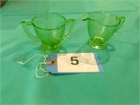 Green Depression Etched Creamer and Sugar