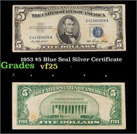 1953 $5 Blue Seal Silver Certificate Grades vf+