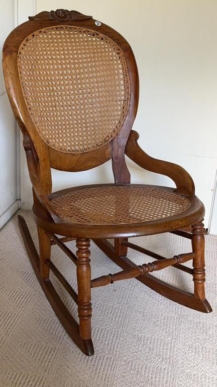 Antique Walnut Sewing rocker, caned seat