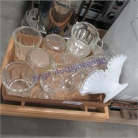 Assorted glasses, milk glass bowl,shelf