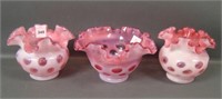 Three Vintage Fenton Cranberry Opal Coin Dot Vases