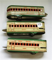3 Vintage Tin Train Cars ( 8" long)
