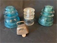 Vintage Telephone Insulators & Small Brass Bell
