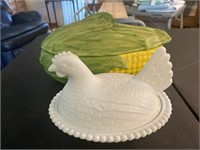 Vintage Hen on A Nest & Ceramic Corn