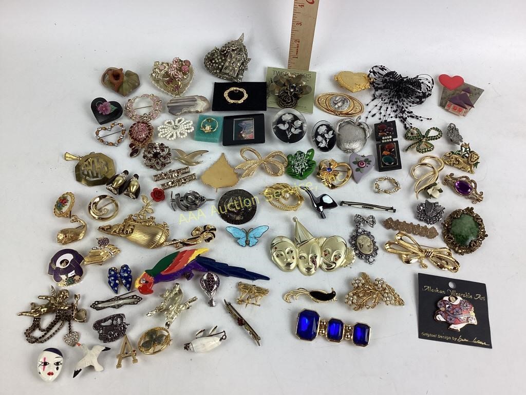 Variety of brooches and pins