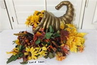 CORNUCOPIA HORN WITH FAUX FALL FLOWERS AND GREENER