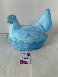 Vintage French Blue Nesting Hen Covered Dish 7.5"H