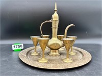 Vintage Etched Brass Turkish Coffee Set