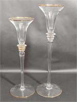 Clear Glass Candlestick Holder Gold Colored Rim