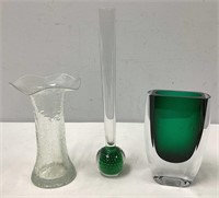 Three Hand Blown Glass and Crystal Vases