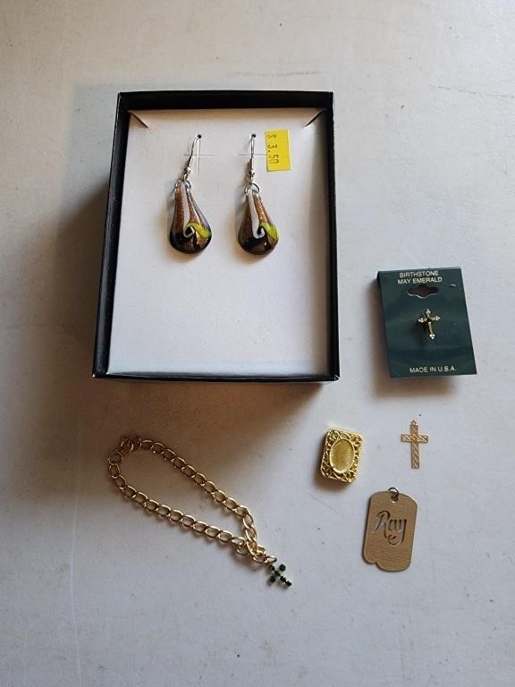 Earrings, cross pin and bracelet, pendants