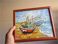 framed painting boats waters edge M Austin