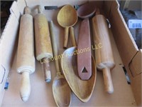 wood kitchen utensils rolling pins spoons