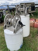 2 Garden Hose Reels & White Plastic Barrel &