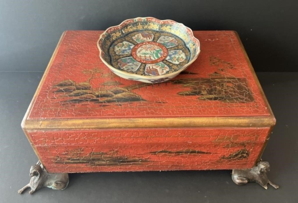 Asian Inspired Wooden Box, Ceramic Trinket Dish