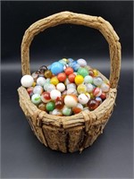 Vintage Glass Marbles in Wood Basket