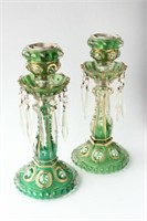 Pair of Edwardian Green Glass and Enamel Lustres