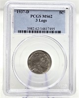 1937-D 3 Leg Buffalo Nickel PCGS MS 62