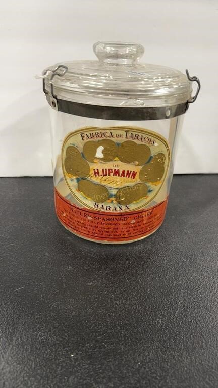 ANTIQUE H. UPMANN GLASS CIGAR JAR 12" X 8"