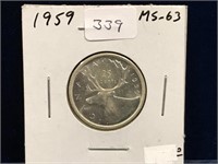 1959 Canadian Silver 25 Cent Piece  MS63